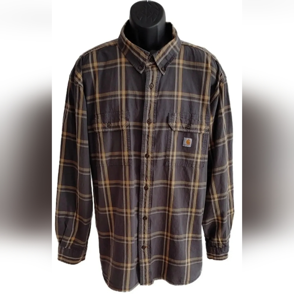 Carhartt Midweight Chambray Long Sleeve Mens Button Shirt Loose Plaid Sz 3 XL